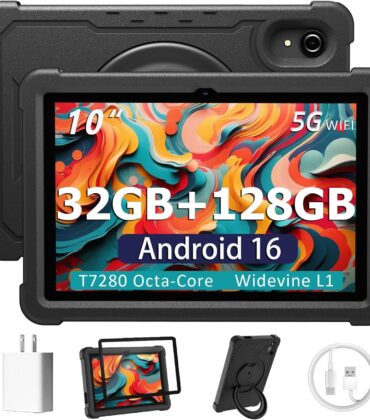 HUIHUANG Tablet 10 Inch Android 16 Tablet, 32GB RAM 128GB ROM, 1TB Expansion, T7280 Octa-Core, Tough Tablet Large Capacity Battery, Dual Camera, 5G/2.4G WiFi, Bluetooth 5.2, GPS - Black (Black)
