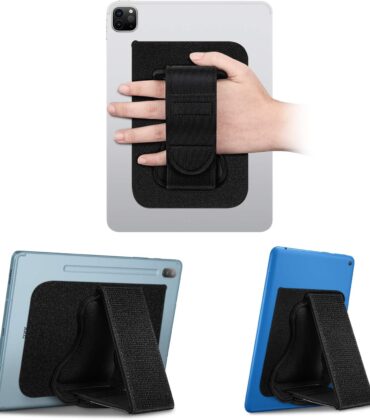 Fintie Universal Tablet Hand Strap Holder - [Dual Stand Supports] Detachable Padded Hook & Loop Fastening Handle Grip with Adhesive Patch for iPad/Galaxy Tab and All 7-11" Tablets, Black